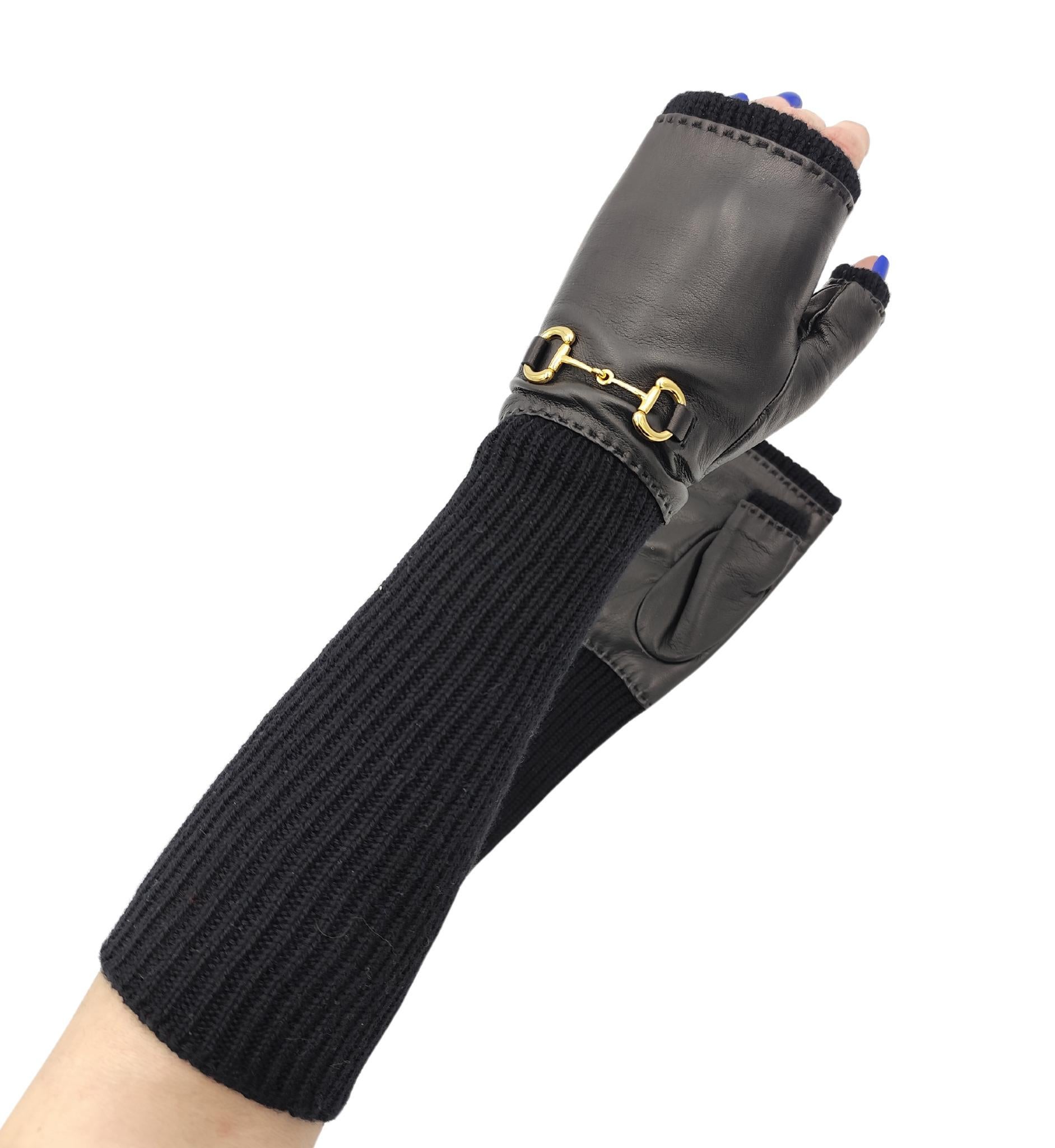 Donna Gucci guanti lunghi senza dita in pelle nera con morsetto in vendita