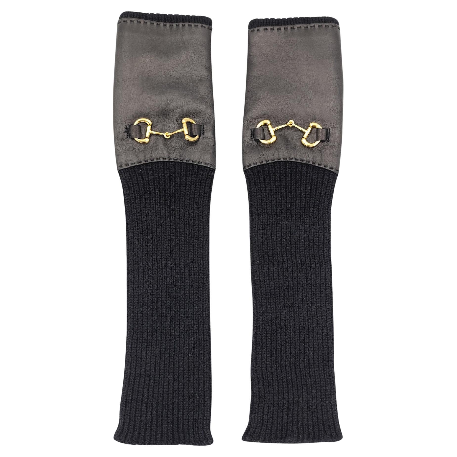 Gucci black leather horsebit long fingerless gloves