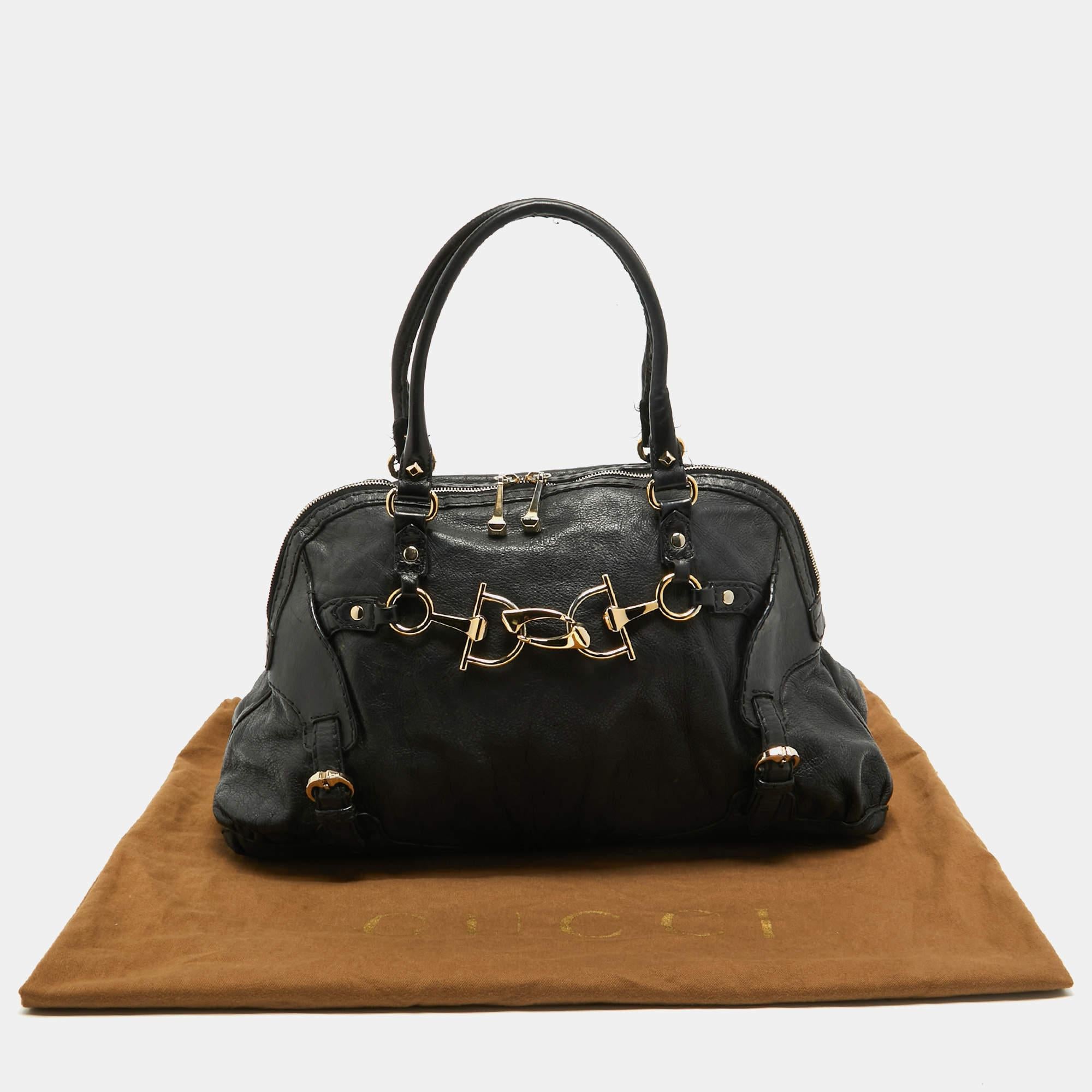 Gucci Black Leather Horsebit Nail Shoulder Bag For Sale 8