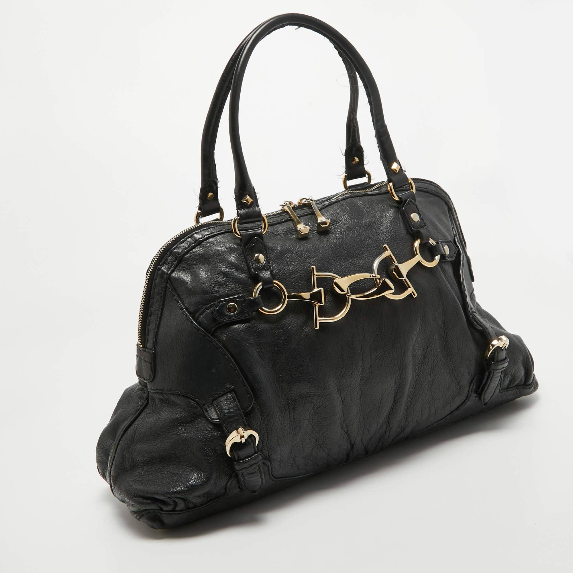 Gucci Black Leather Horsebit Nail Shoulder Bag For Sale 13
