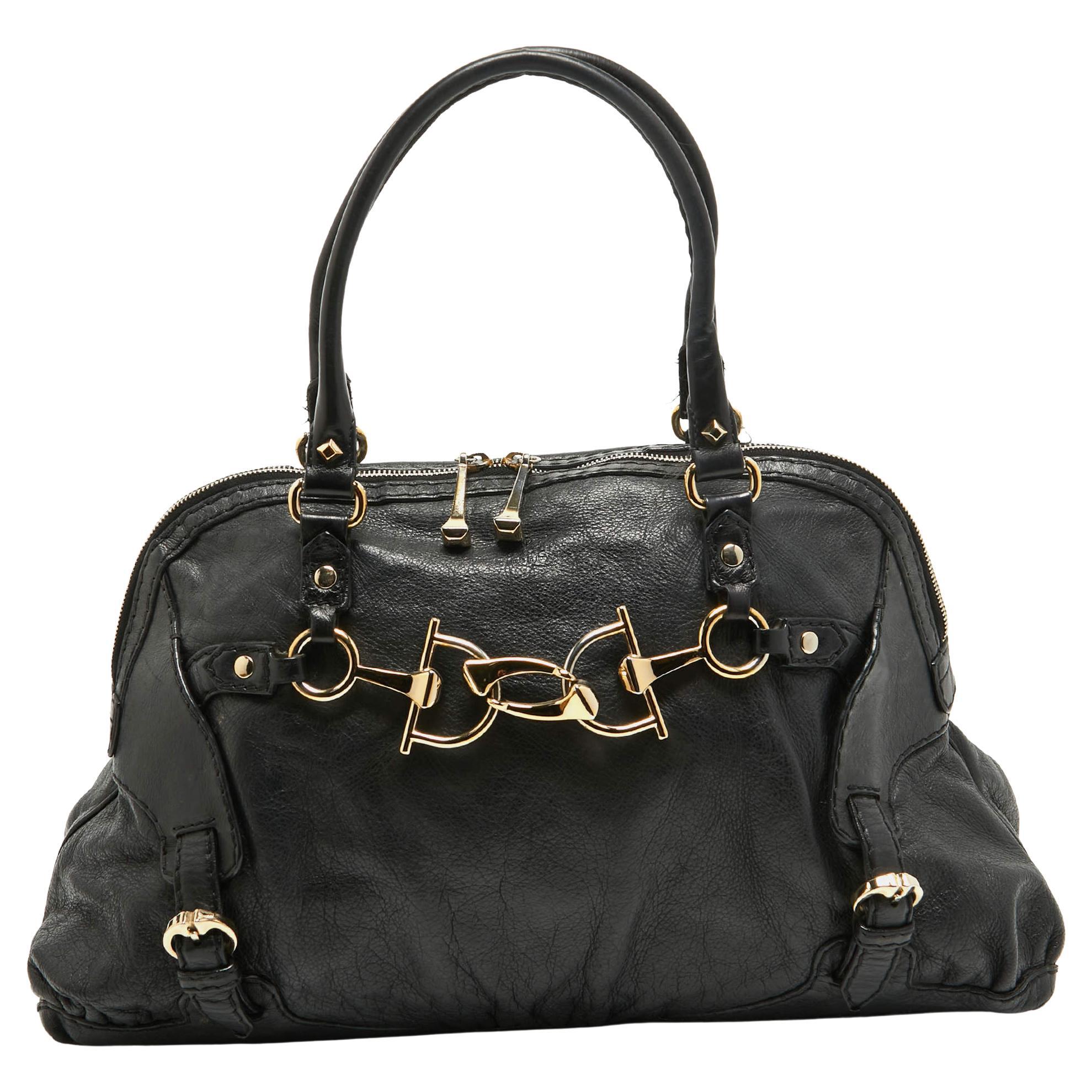 Gucci Black Leather Horsebit Nail Shoulder Bag For Sale