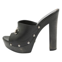 Gucci Black Leather Horsebit Open Toe Clogs Size 39.5