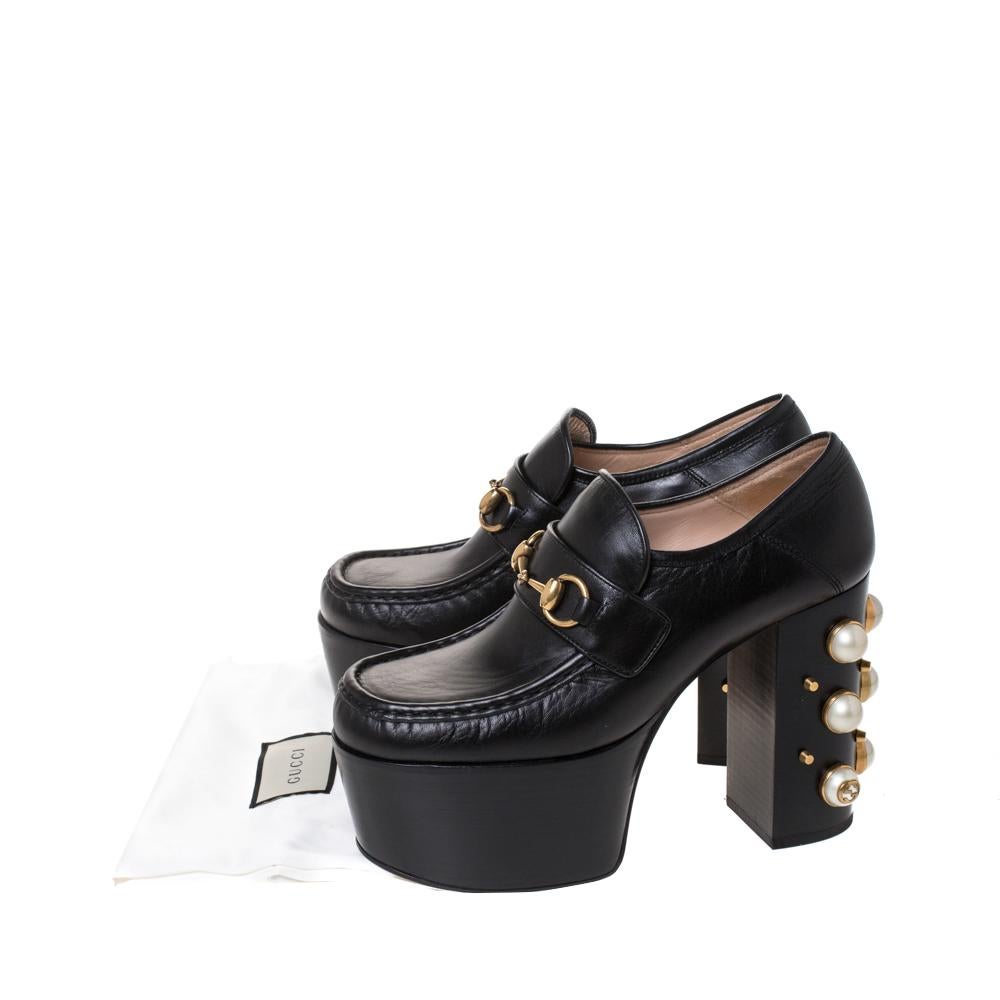 Gucci Black Leather Horsebit Pearl Embellished Platform Loafers Size 38 3