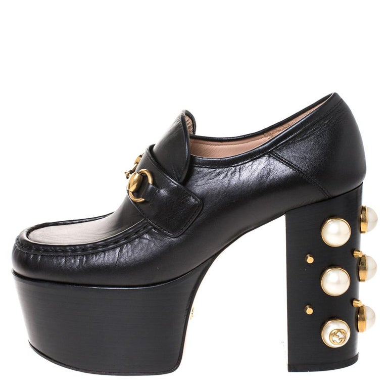 Gucci Black Leather Horsebit Pearl Embellished Platform Loafers Size 38 ...