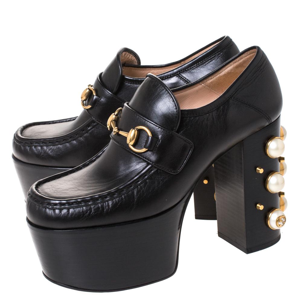 Women's Gucci Black Leather Horsebit Pearl Embellished Platform Loafers Size 38