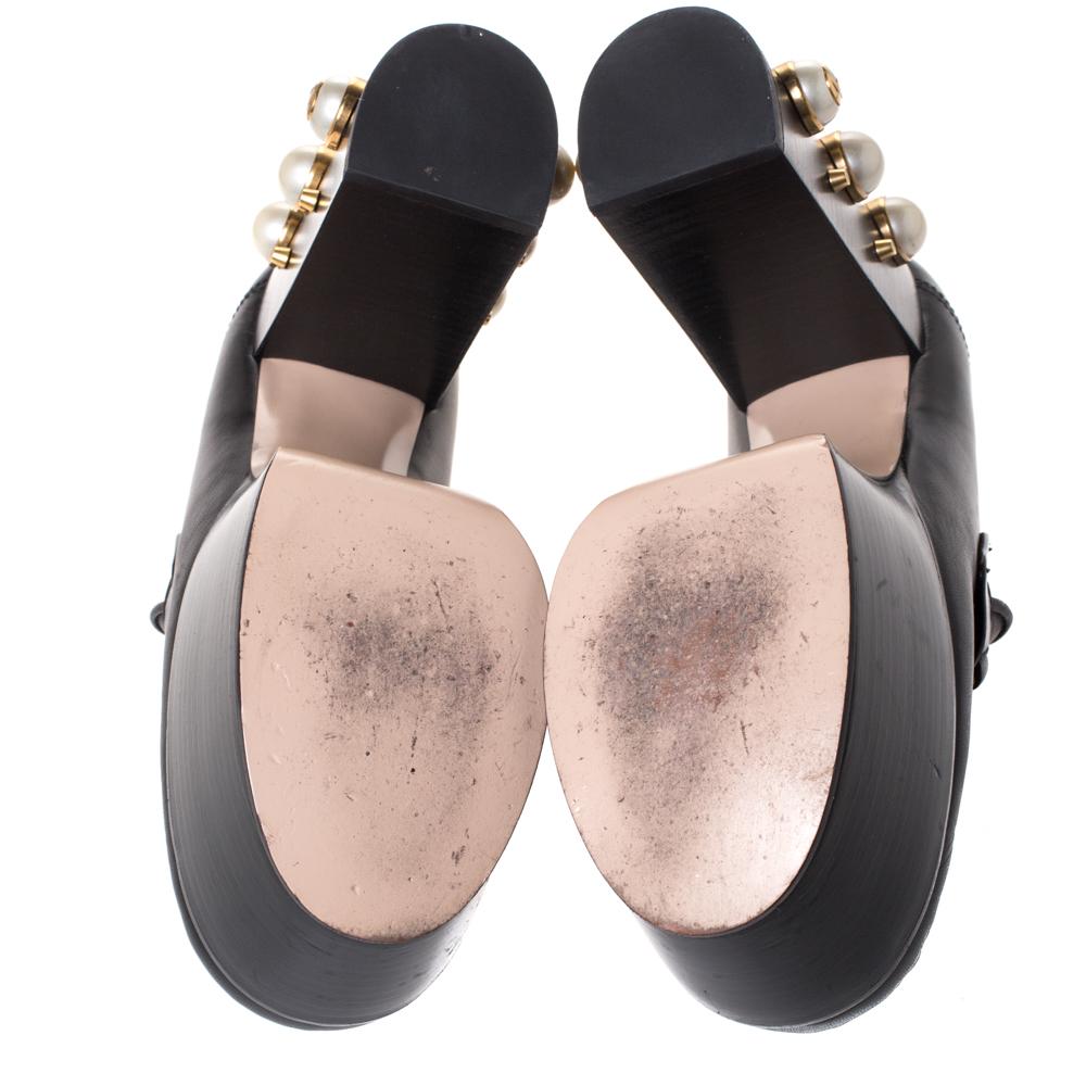 Gucci Black Leather Horsebit Pearl Embellished Platform Loafers Size 38 1