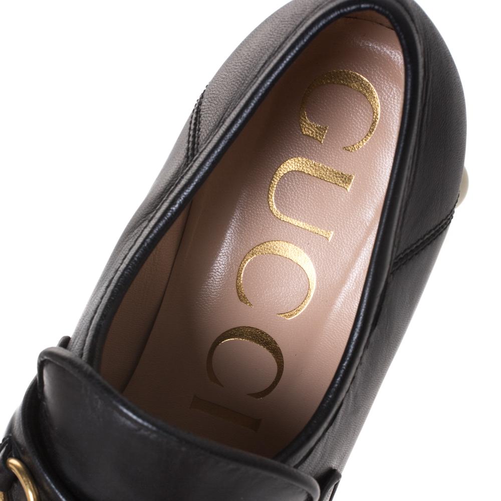 Gucci Black Leather Horsebit Pearl Embellished Platform Loafers Size 38 2