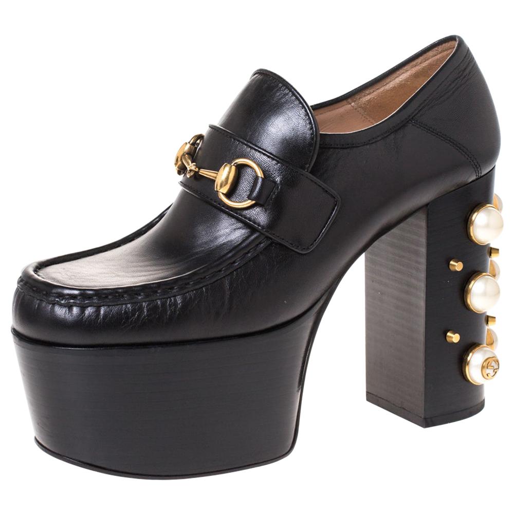 Gucci Black Leather Horsebit Pearl Embellished Platform Loafers Size 38 ...
