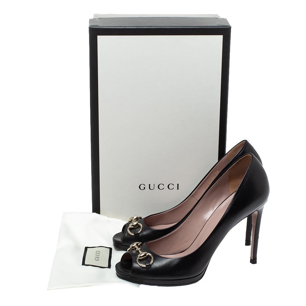 Gucci Black Leather Horsebit Peep Toe Pumps Size 38 2