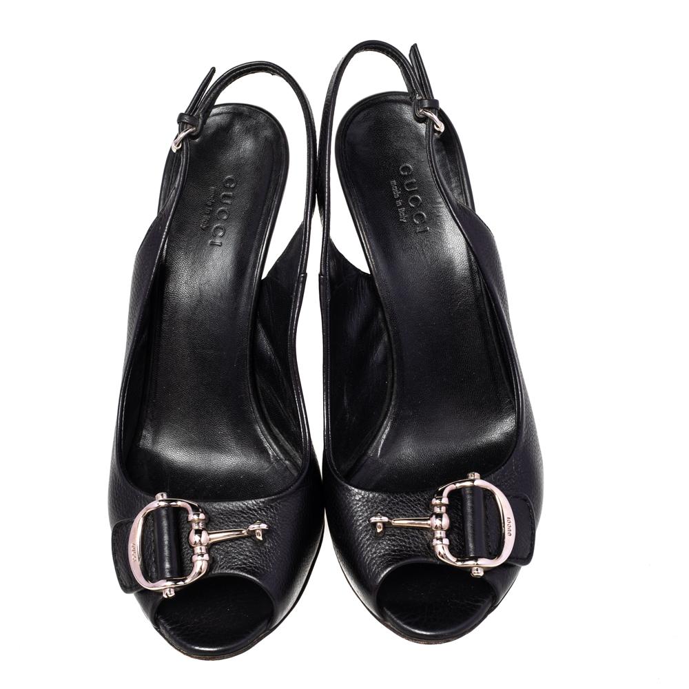 Gucci Black Leather Horsebit Slingback Sandals Size 37 4