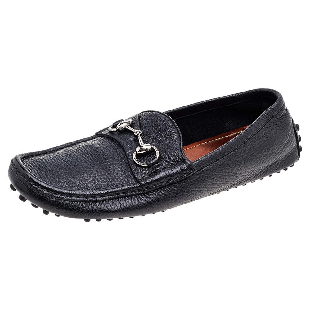 Gucci Black Leather Horsebit Slip On Loafers Size 41 For Sale