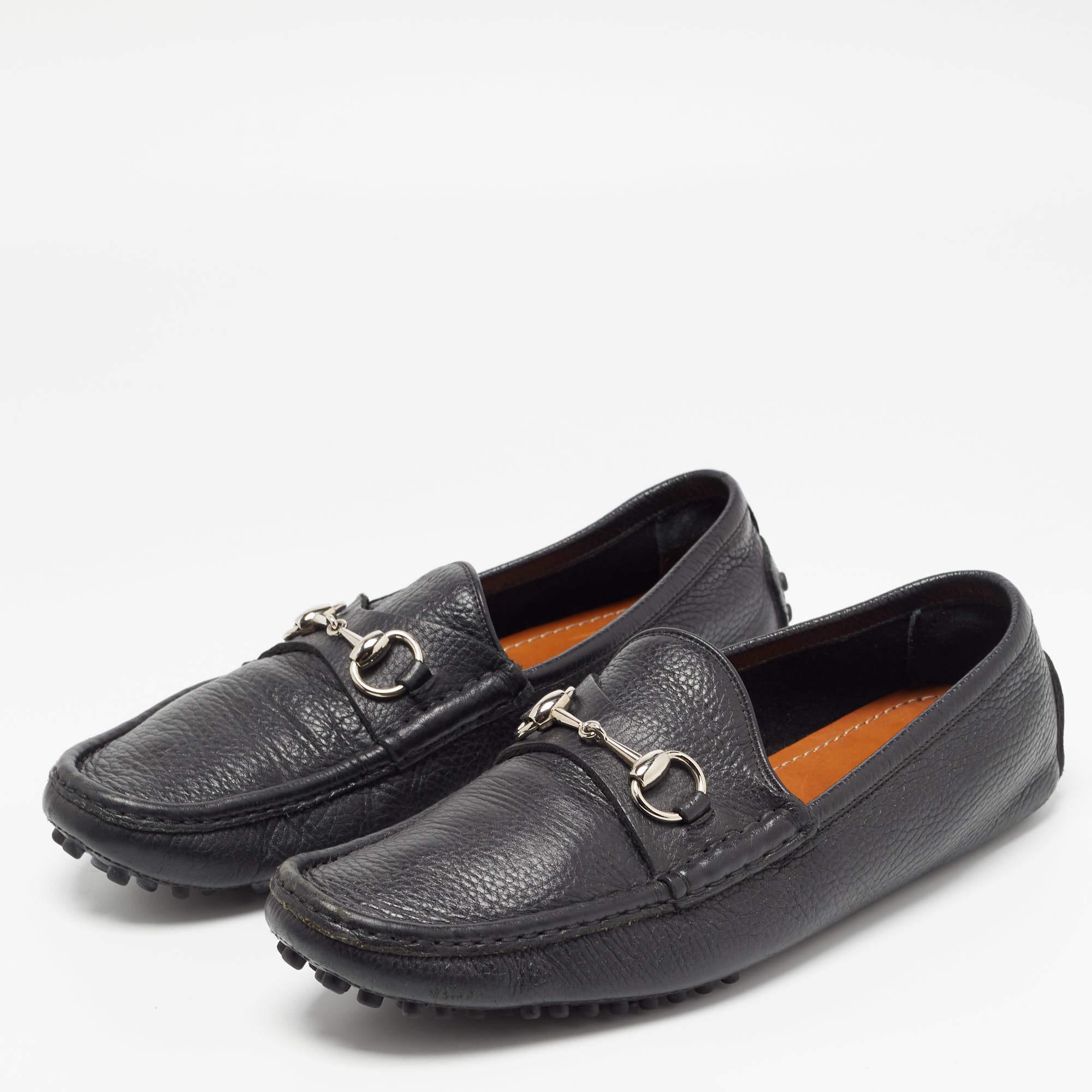 Men's Gucci Black Leather Horsebit Slip On Loafers Size 42