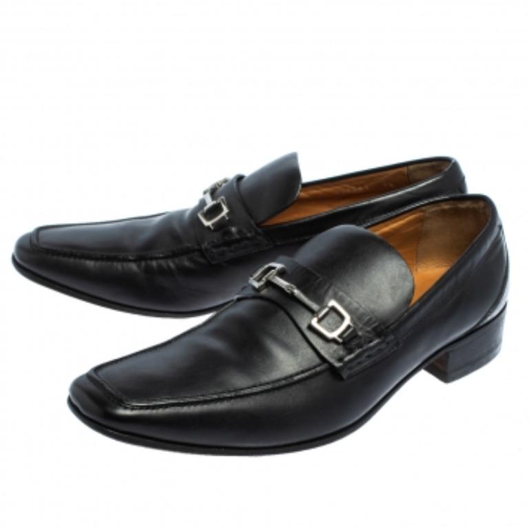 Gucci Black Leather Horsebit Slip On Loafers Size 43.5 For Sale 1