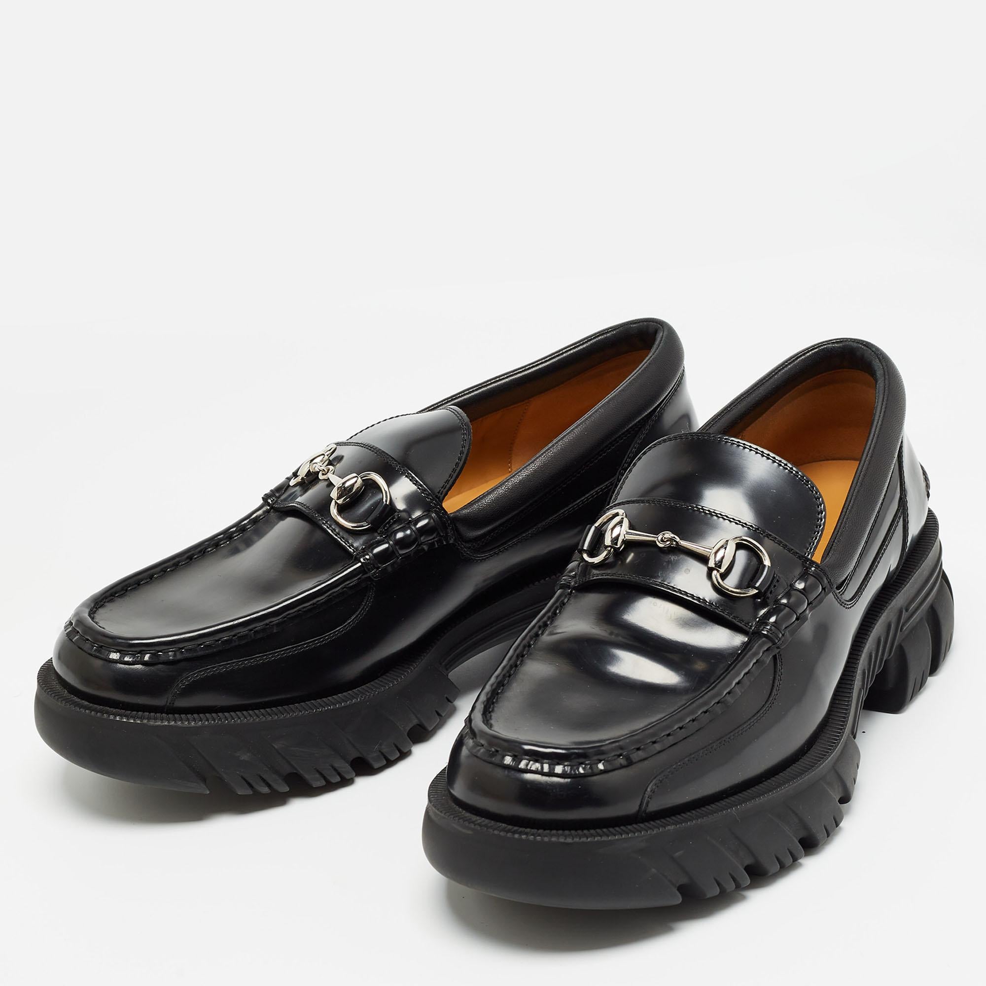 Gucci Black Leather Horsebit Slip On Loafers Size 44.5 For Sale 3