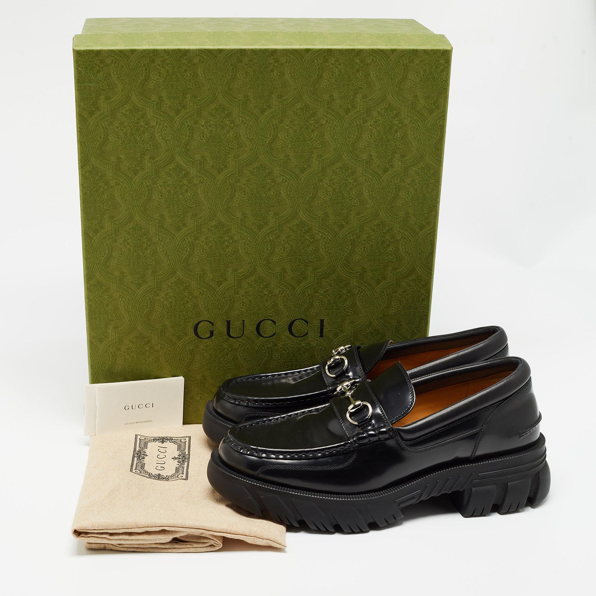 Gucci Black Leather Horsebit Slip On Loafers Size 44.5 For Sale 4