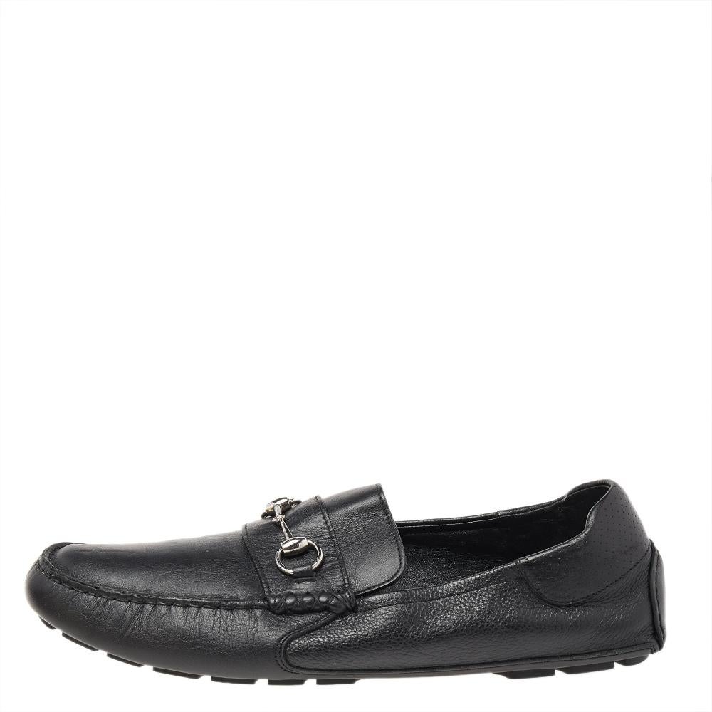 Women's Gucci Black Leather Horsebit Slip On Loafers Size 46.5 For Sale