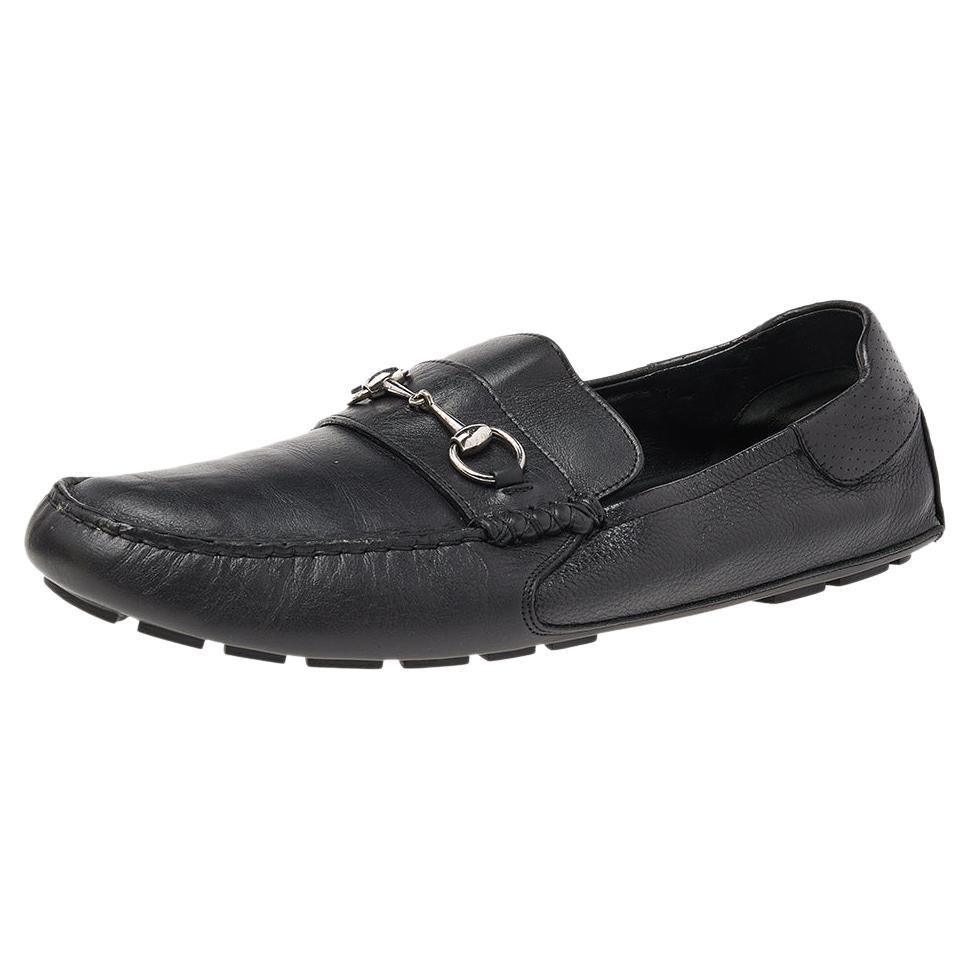 Gucci Black Leather Horsebit Slip On Loafers Size 46.5 For Sale