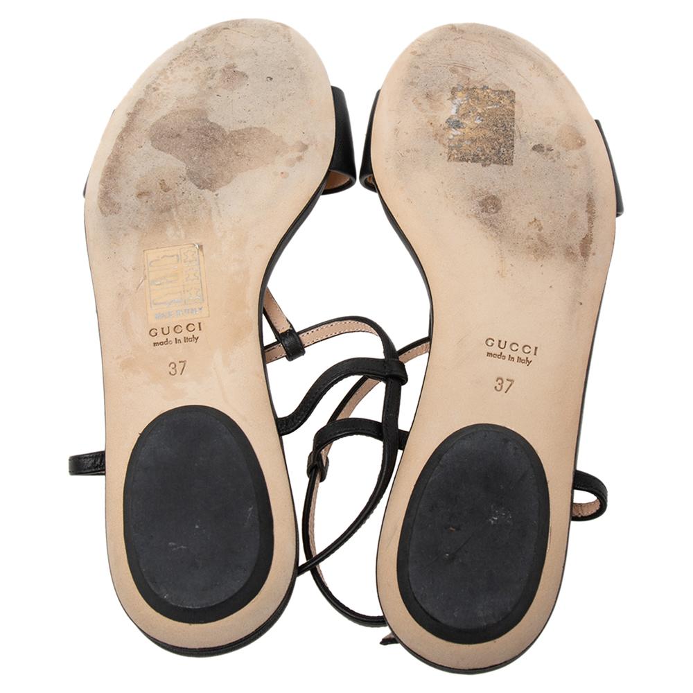 Women's Gucci Black Leather Horsebit T-Strap Flat Sandals Size 37
