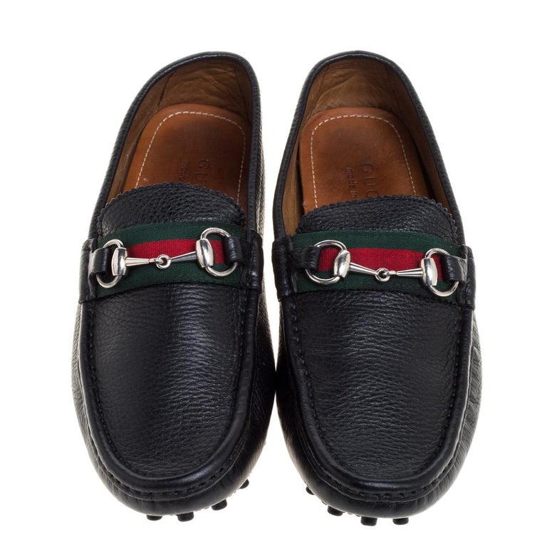 Gucci Black Leather Horsebit Web Detail Driver Loafers Size 41.5 at 1stDibs