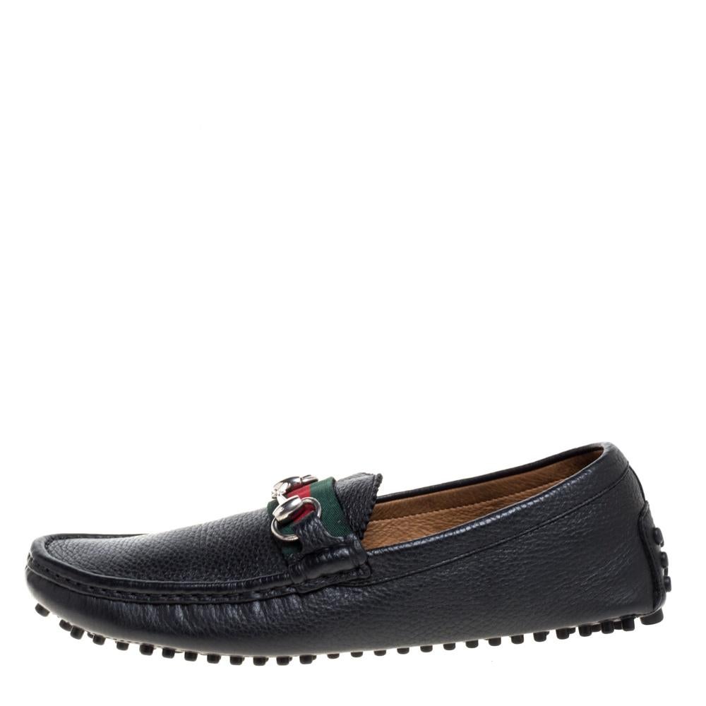 Gucci Black Leather Horsebit Web Detail Driver Loafers Size 41.5 1