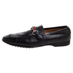 Gucci Black Leather Horsebit Web Detail Slip On Loafers Size 43