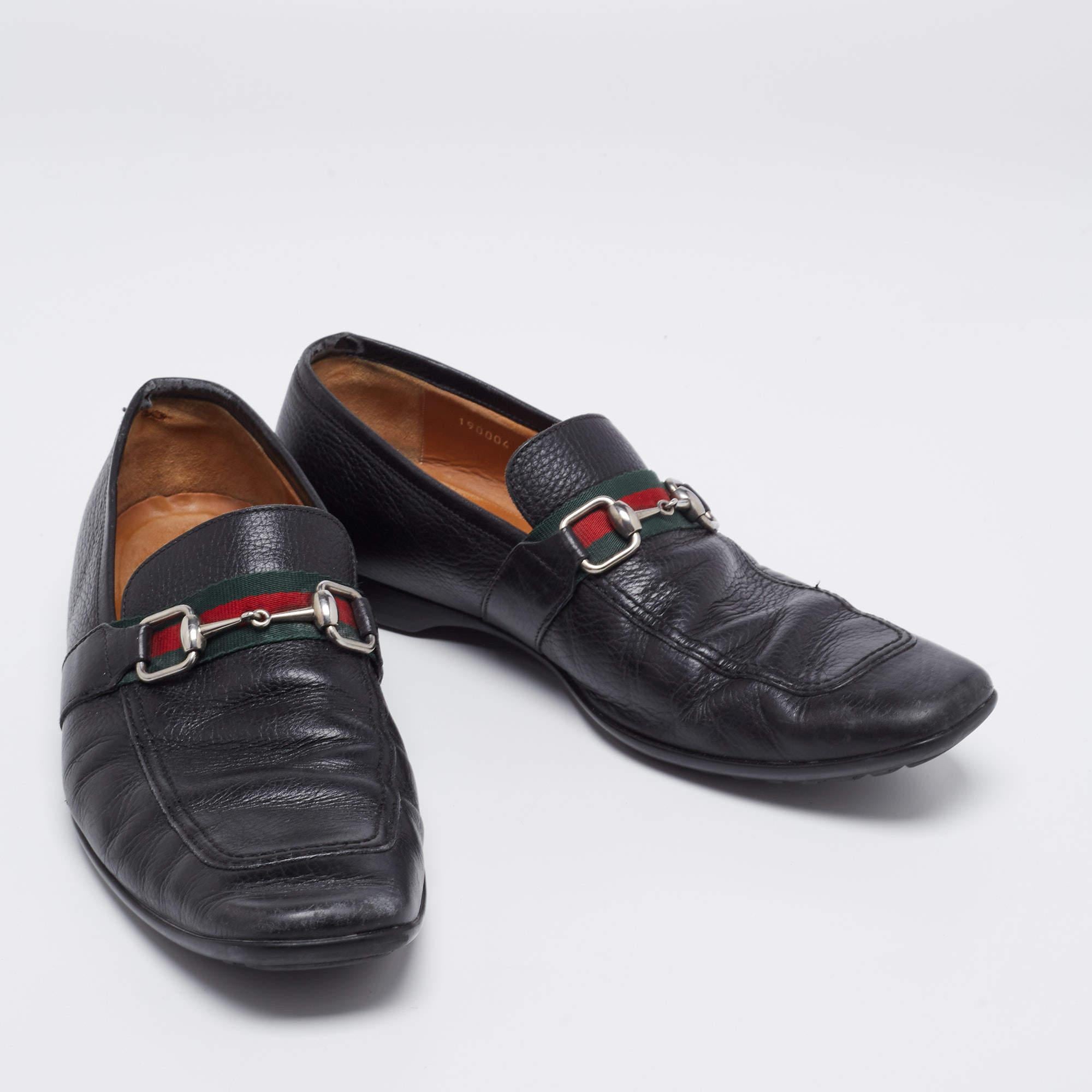 Men's Gucci Black Leather Horsebit Web Detail Slip On Loafers Size 44.5