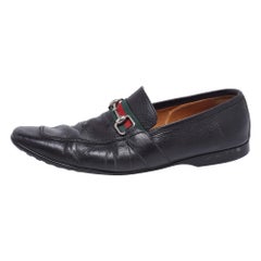 Gucci Black Leather Horsebit Web Detail Slip On Loafers Size 44.5