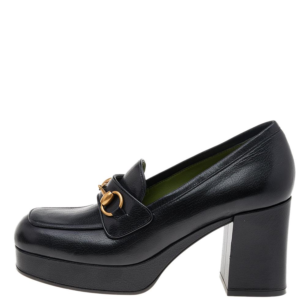 Gucci Black Leather Houdan Horsebit Platform Loafer Pumps Size 38 In Good Condition In Dubai, Al Qouz 2