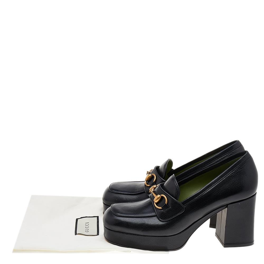 Women's Gucci Black Leather Houdan Horsebit Platform Loafer Pumps Size 38
