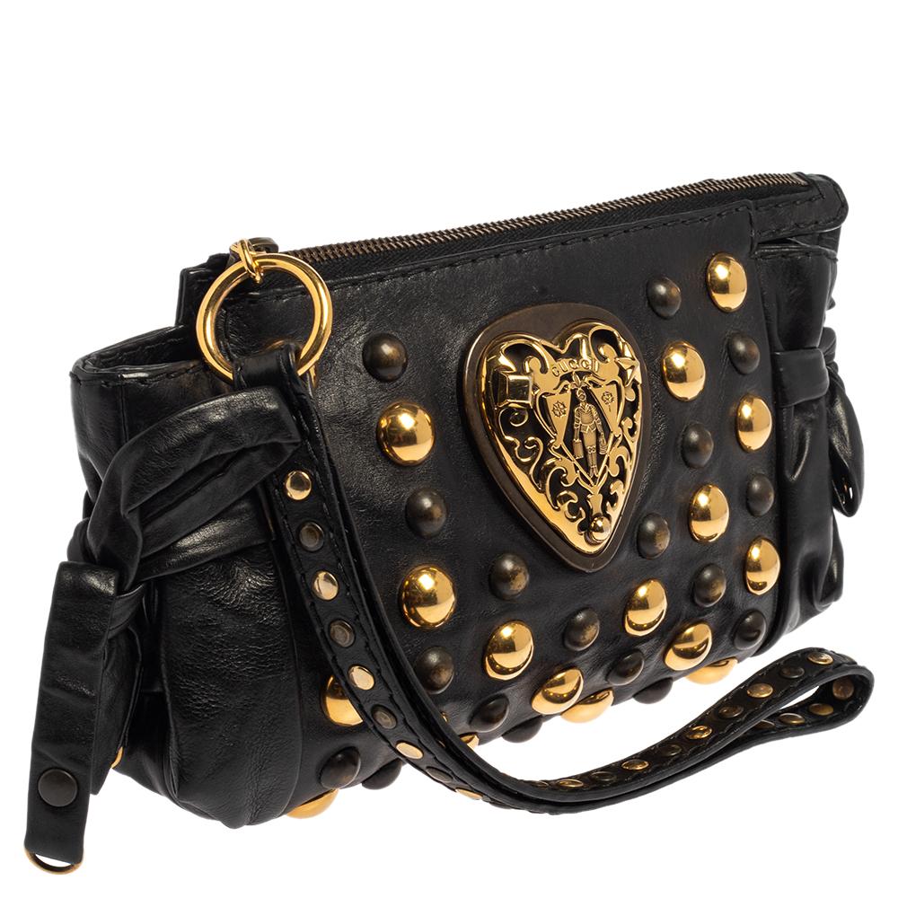 Gucci Black Leather Hysteria Studded Wristlet Clutch 2