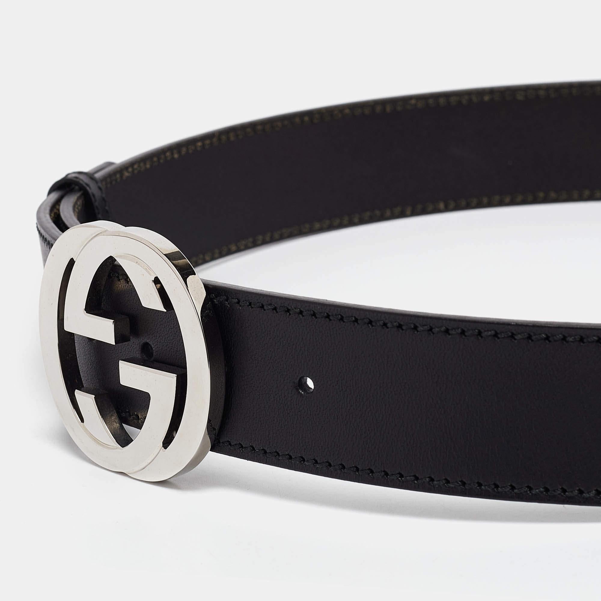 Gucci Black Leather Interlocking G Buckle Belt 90CM In Good Condition In Dubai, Al Qouz 2