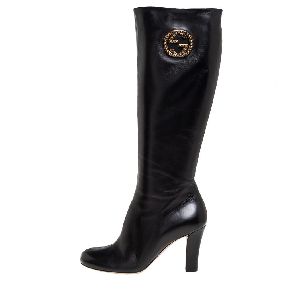 Gucci Schwarz Leder Interlocking G knielange Stiefel Größe 38::5 1