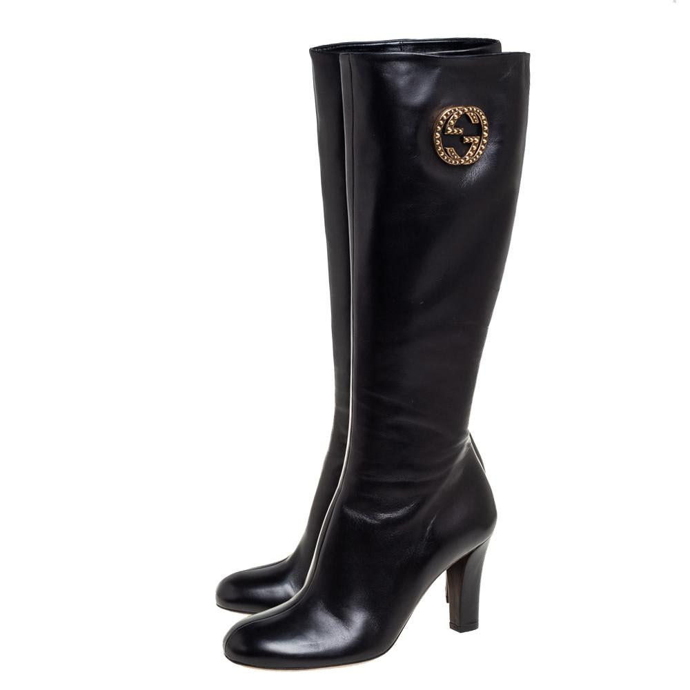 Women's Gucci Black Leather Interlocking G Knee Length Boots Size 38.5