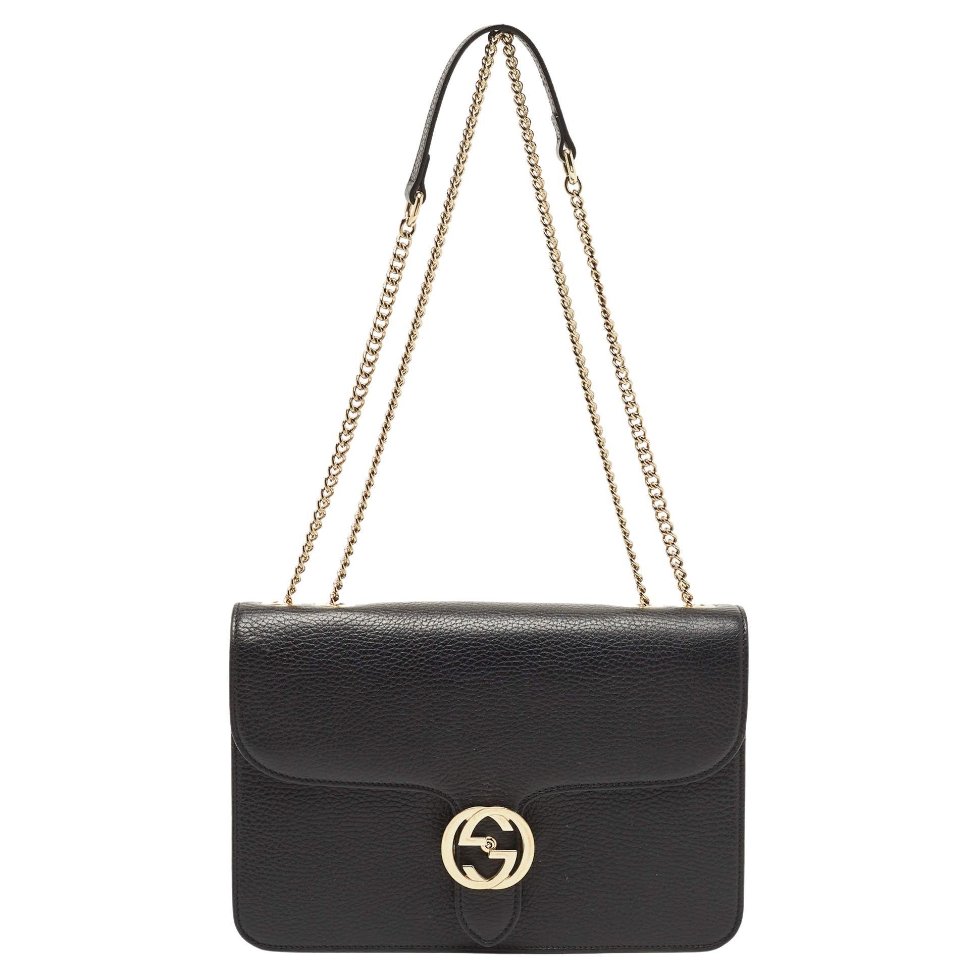 Gucci Black Leather Interlocking G Shoulder Bag For Sale at 1stDibs