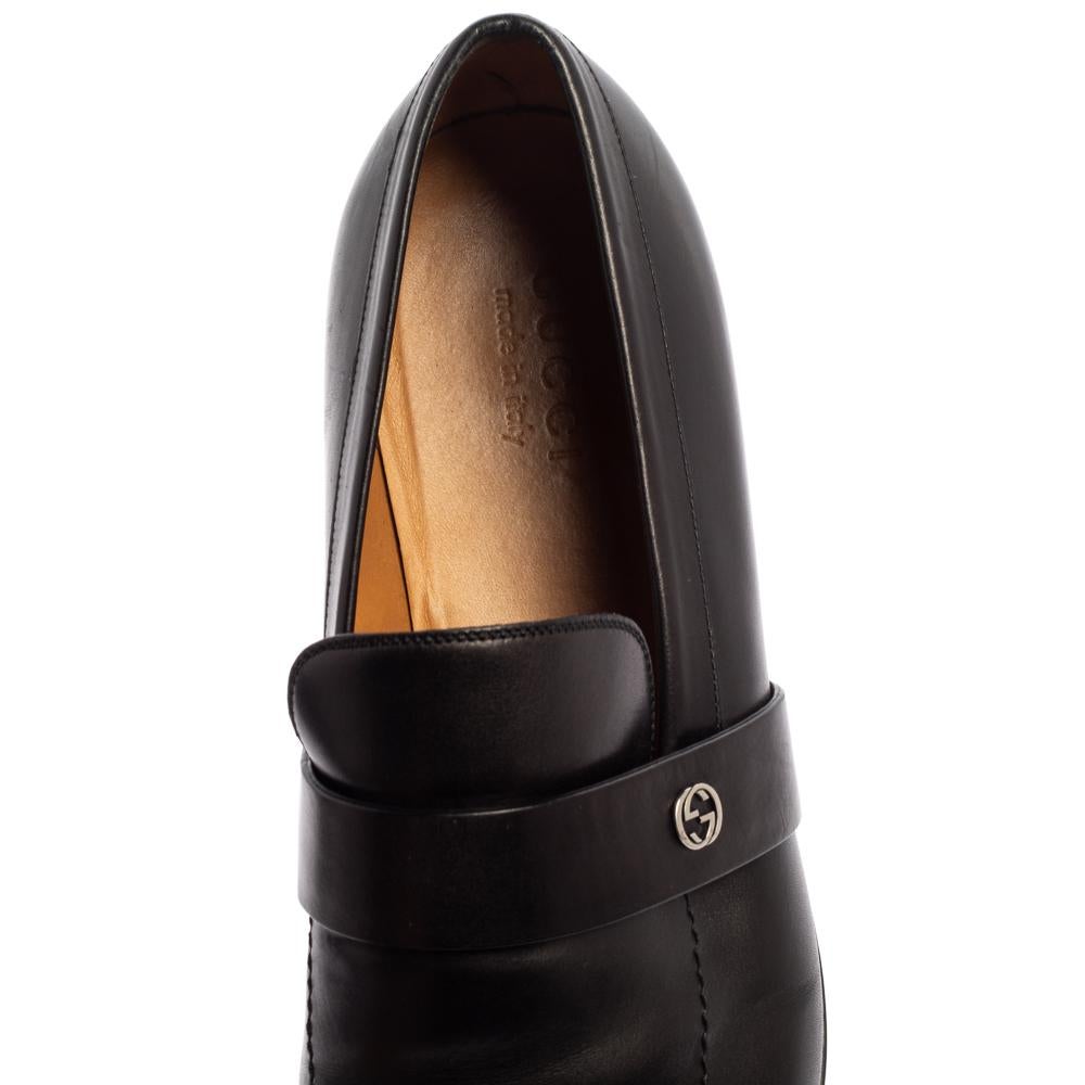Gucci Black Leather Interlocking G Slip On Loafers Size 44 1
