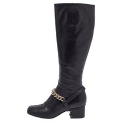 Gucci Black Leather Interlocking G Stitch Detail Calf Boots Size 35.5