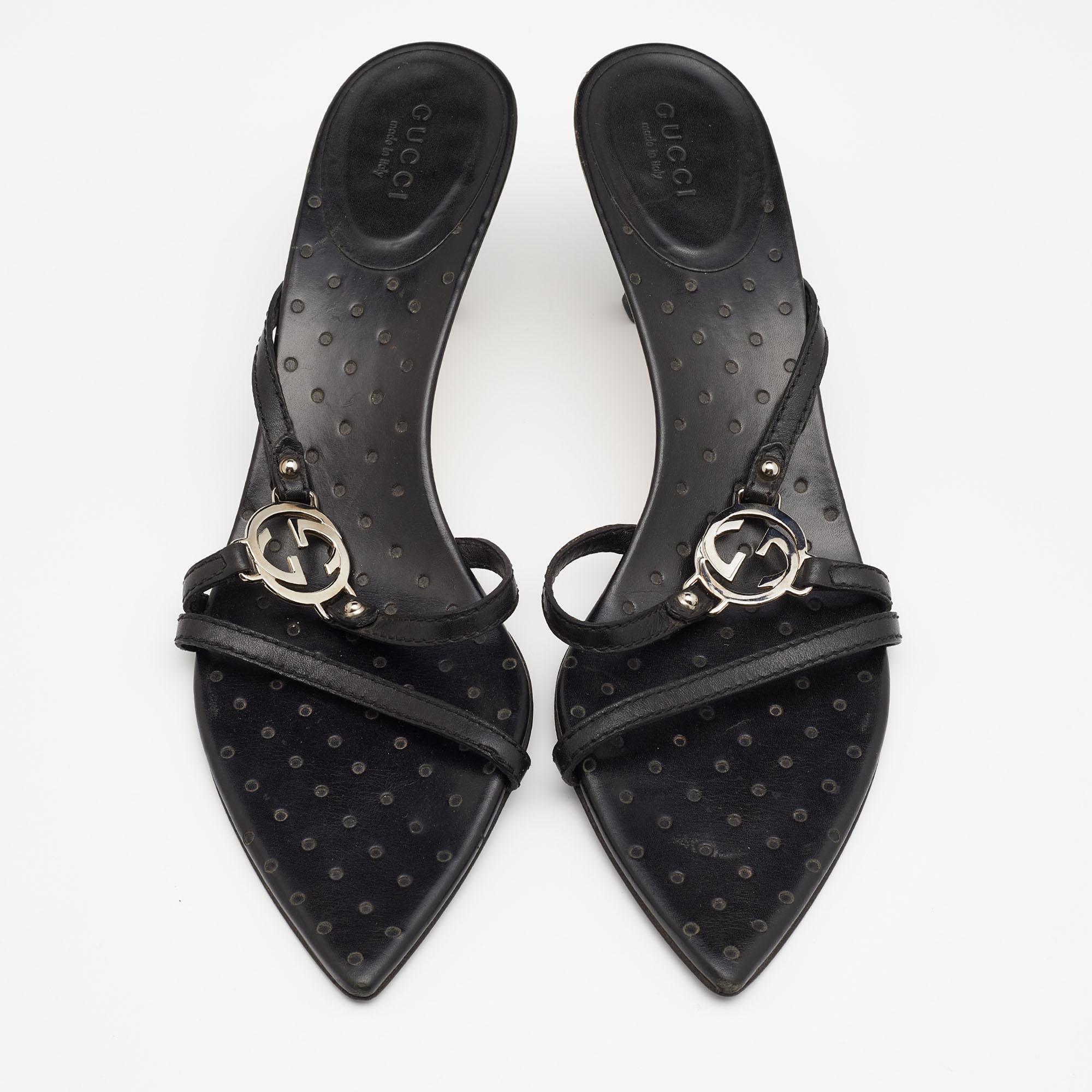 Gucci Black Leather Interlocking G Strappy Sandals Size 39 In Good Condition In Dubai, Al Qouz 2