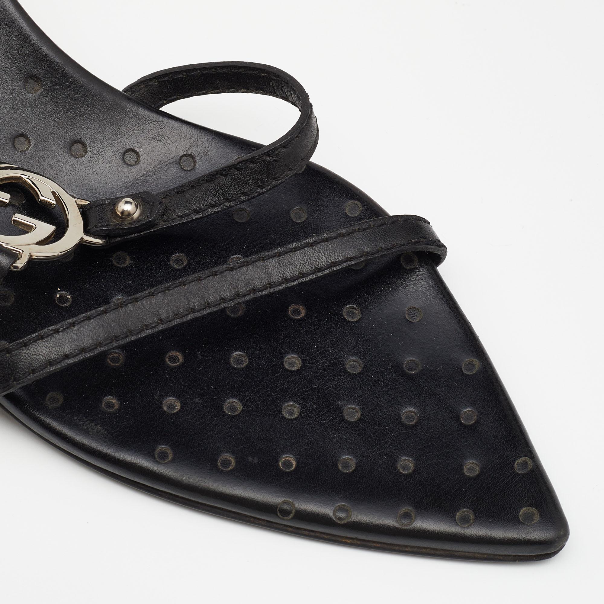 Women's Gucci Black Leather Interlocking G Strappy Sandals Size 39