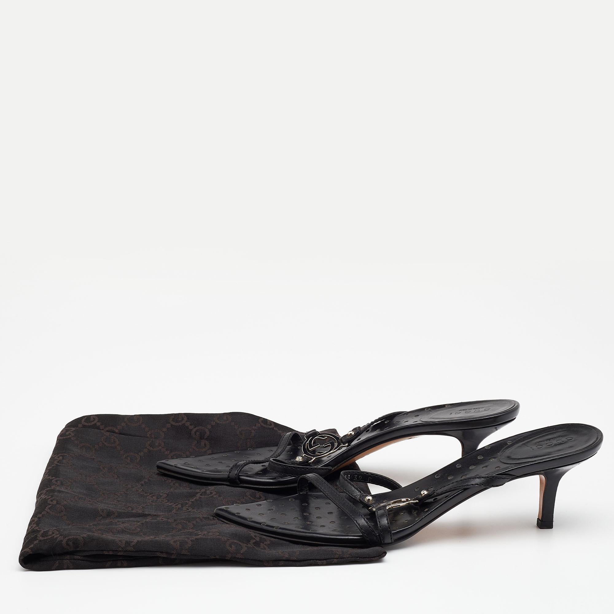 Gucci Black Leather Interlocking G Strappy Sandals Size 39 4