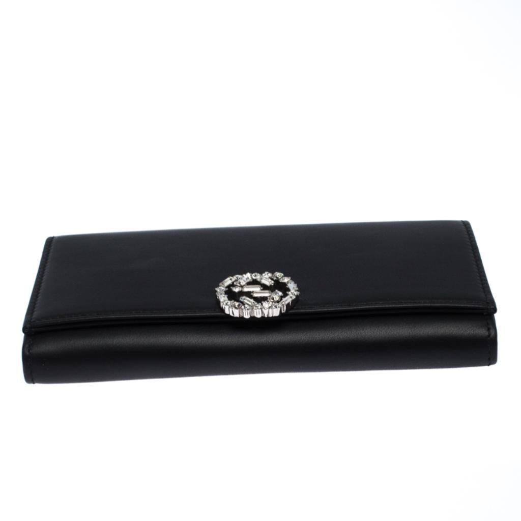 Gucci Black Leather Interlocking GG Crystal Continental Wallet In Excellent Condition In Dubai, Al Qouz 2