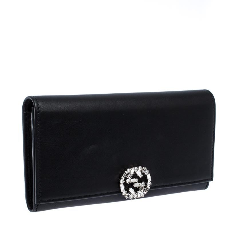 Gucci Black Leather Interlocking GG Crystal Continental Wallet 5