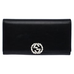 Gucci Black Leather Interlocking GG Crystal Continental Wallet