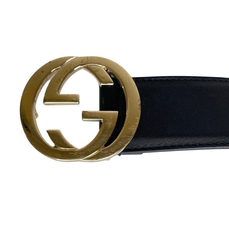 Gucci Black Leather Interlocking GG Gold Buckle Belt (90/36  display picture 1