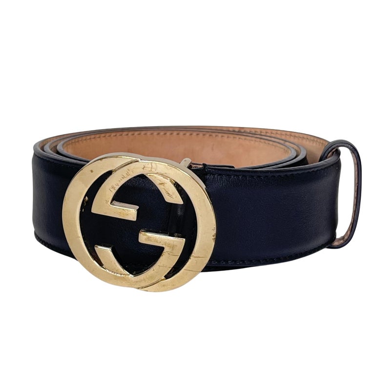 Vintage Gucci Black Leather Belt with Gold Double G Buckle 75-30 at 1stDibs