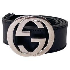 Gucci Black Leather Interlocking GG Silver Buckle Belt (90/36)
