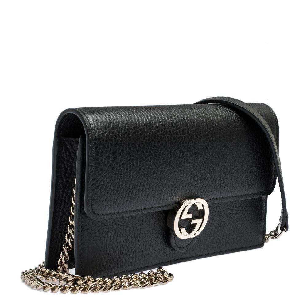 Women's Gucci Black Leather Interlocking GG Wallet On Chain