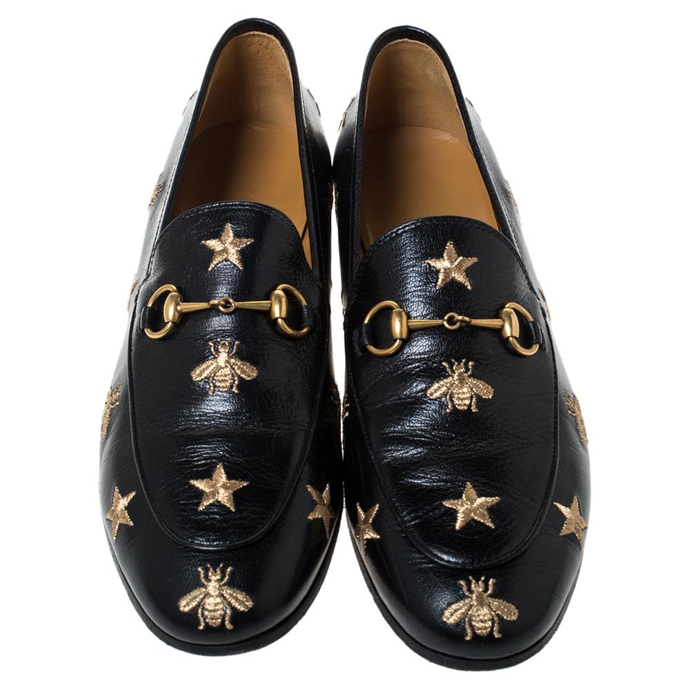 Gucci Black Leather Jordaan Embroidered Bee Horsebit Slip On Loafers Size 39 In Good Condition In Dubai, Al Qouz 2