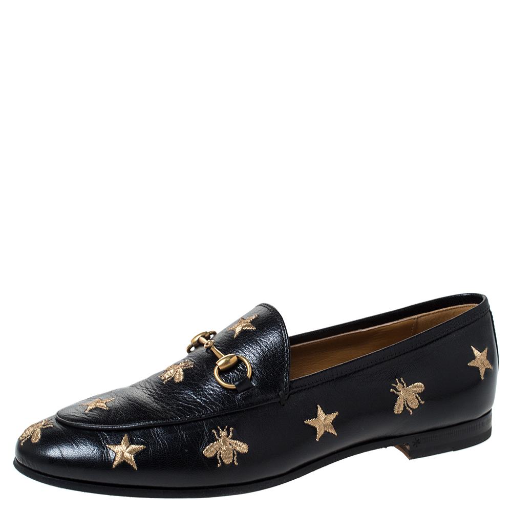 Gucci Black Leather Jordaan Embroidered Bee Horsebit Slip On Loafers Size 39 4