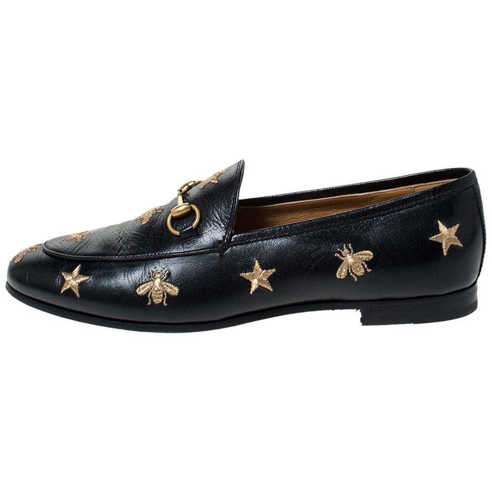 Gucci Black Leather Jordaan Embroidered Bee Horsebit Slip On Loafers Size 39 1stDibs