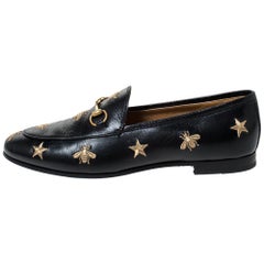 Gucci Black Leather Jordaan Embroidered Bee Horsebit Slip On Loafers Size 39